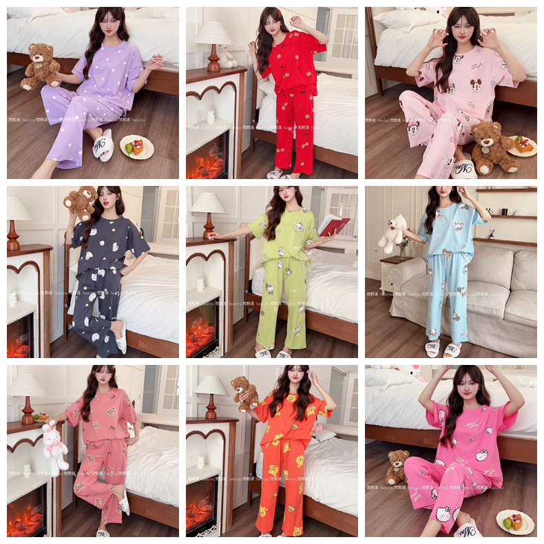 梵熙语2026春夏季可爱卡通睡衣针织全棉宽松女中短袖散口长裤套装,女士内衣/男士内衣/家居服,睡衣/家居服套装,淘宝优惠券,粉丝福利购,淘宝优惠卷