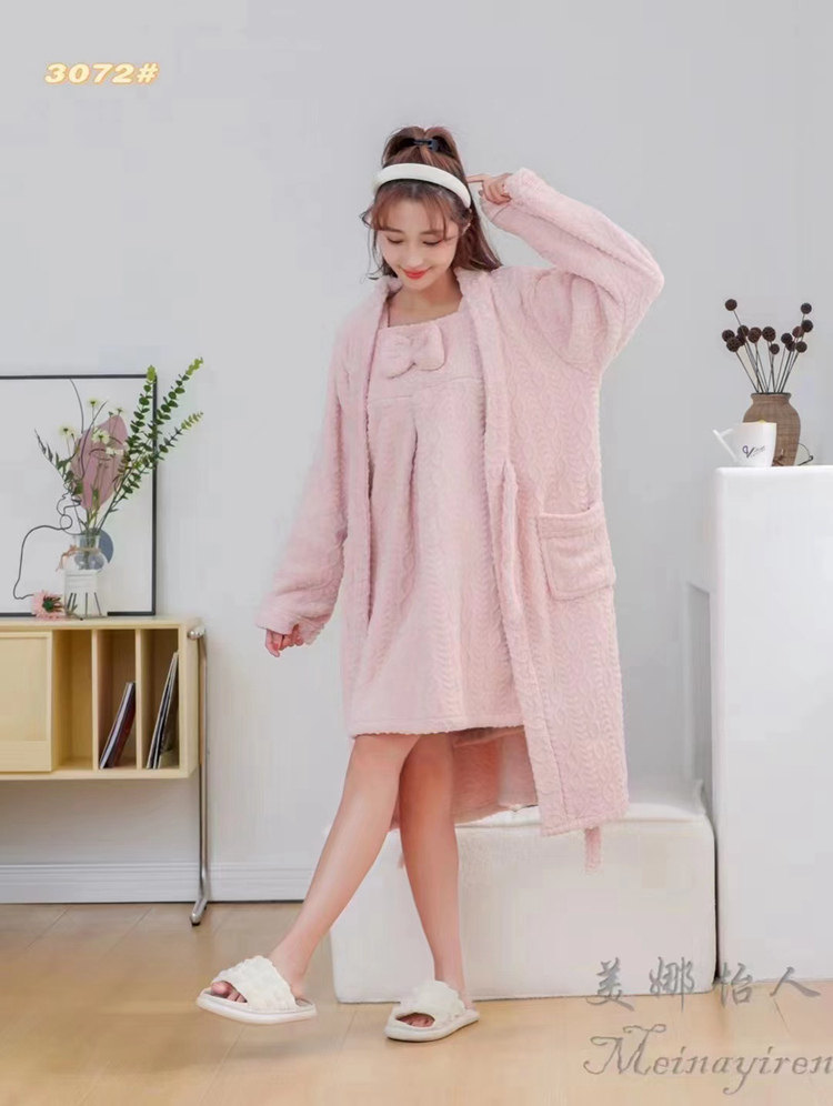 MINA PLEASANT CORAL VELVET NIGHTGOWN WOMENS WINTER LONG PAJAMAS TWO-PIECE SET INTERNET CELEBRITY BATHROBE SWEET AND THICK HOME CLOTHES