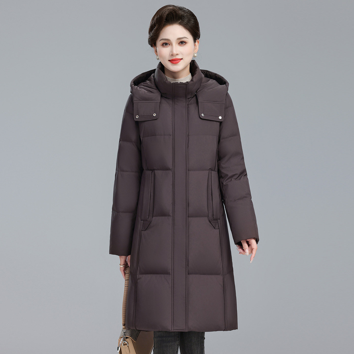 过膝长款羽绒服女2025冬季保暖加厚鸭绒服连帽外套中年妈妈装拆帽