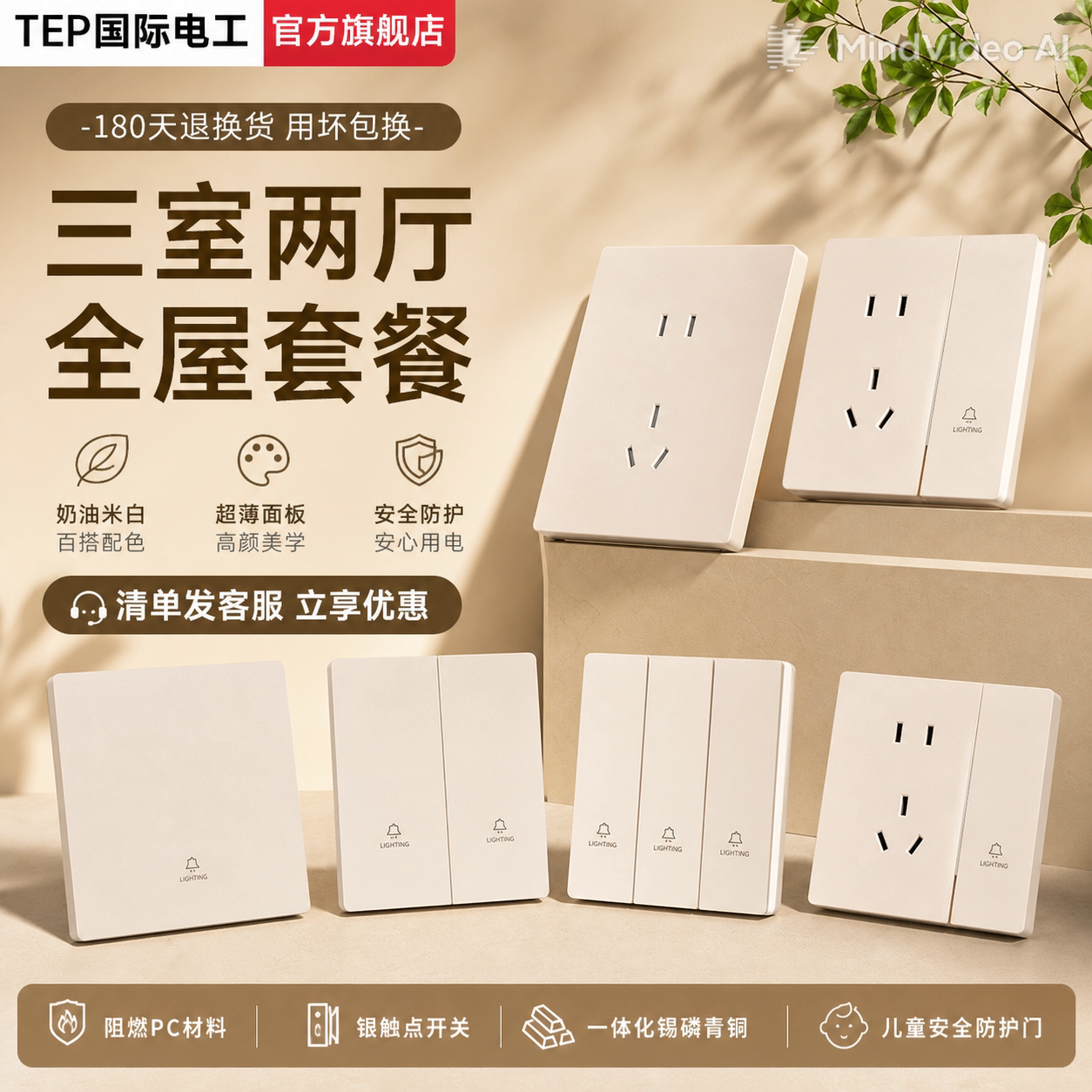 TEP国际电工86暗装阻燃PC材质三室两厅开关插座定制全屋套餐家用