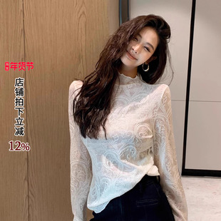 利达 NEW DADADA【烛光谐趣】复古腰果花白色T恤女长袖套头上衣