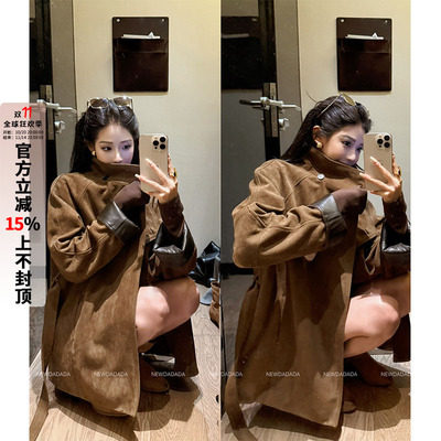 卡其绑带长袖中长款羊绒外套女