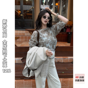 圆领套头修身 NEW 蓝色刺绣针织女长袖 初阳浅唱 毛衣上衣 DADADA