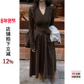 利达NEW 连衣裙女高腰显瘦A字百褶裙 复古卡其长袖 DADADA 陌野