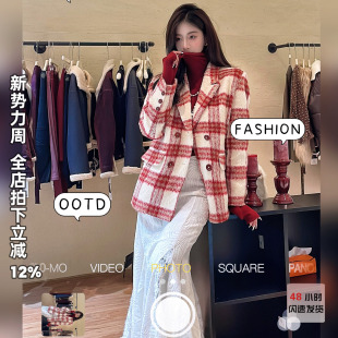 利达NEWDADADA新年红格子西装 呢子大衣TPC2973 毛呢外套女2025春装