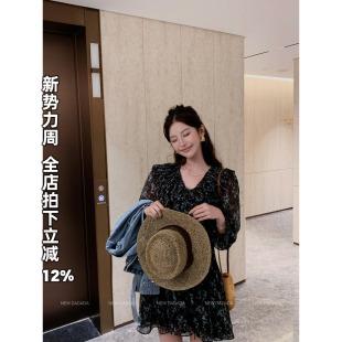 复古做旧印花连衣裙女宽松不规则百褶裙 碎花裙 利达NEW DADADA