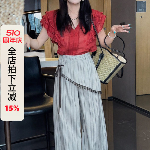 利达 NEW DADADA【清风旅感】复古拼接休闲裤女设计感小众阔腿裤