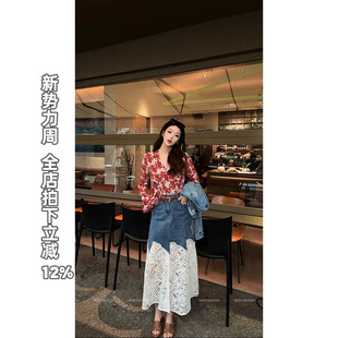 花影倾城 利达 NEW DADADA a字裙 复古做旧蕾丝牛仔半身裙女长款