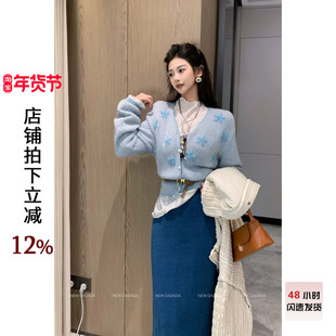 利达NEW DADADA【趣意缱绻】复古蓝色毛衣女长袖宽松套头针织上衣