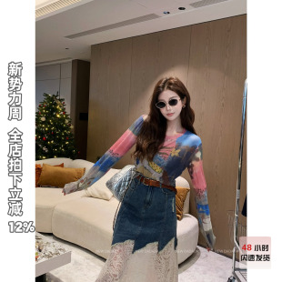 t恤女修身 NEW 复古木马印花长袖 静守花开 显瘦撞色上衣 DADADA