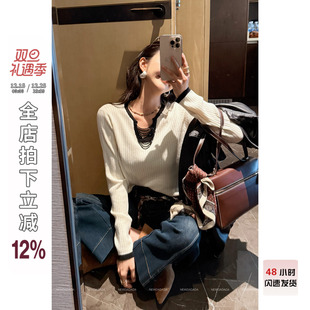 白色拼接长袖 时尚 T恤女宽松显瘦设计感小众套头上衣 DADADA NEW