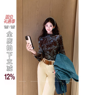 复古做旧卡其印花百搭套头针织衫 雾棕腰果花 女 DADADA 利达NEW