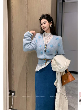 利达NEW DADADA【趣意缱绻】复古蓝色毛衣女长袖宽松套头针织上衣