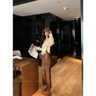 女高腰显瘦九分pu皮裤 利达NEW 复古卡其休闲裤 雾蓝海森 DADADA