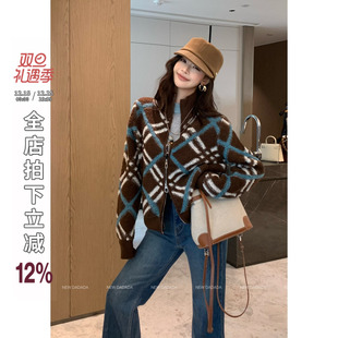 羊羔毛外套女高领拼色菱格羊羔绒上衣 糖衣优雅 利达NEW DADADA