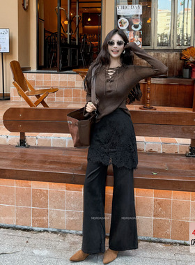 利达NEW DADADA【柔蓝过境】黑色蕾丝拼接设计感小众阔腿休闲长裤