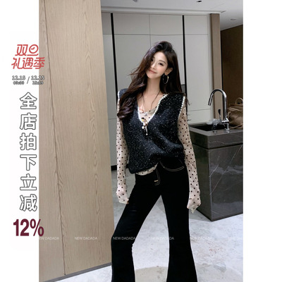 利达 NEW DADADA【雅趣灵魂】黑色亮片针织马夹女设计感修身上衣