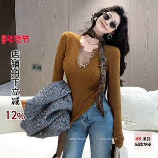 利达 NEW DADADA【拾光】复古卡其色V领设计感小众修身针织衫上衣