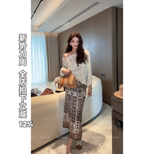 NEW 复古印花半身裙女长款 DADADA 法式 a字裙夏 咖纹开叉裙 利达