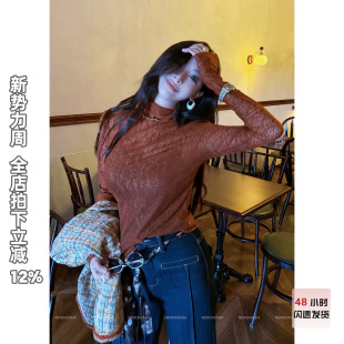 复古卡其色蕾丝T恤女内搭上衣可外穿打底衫 茶白 DADADA NEW