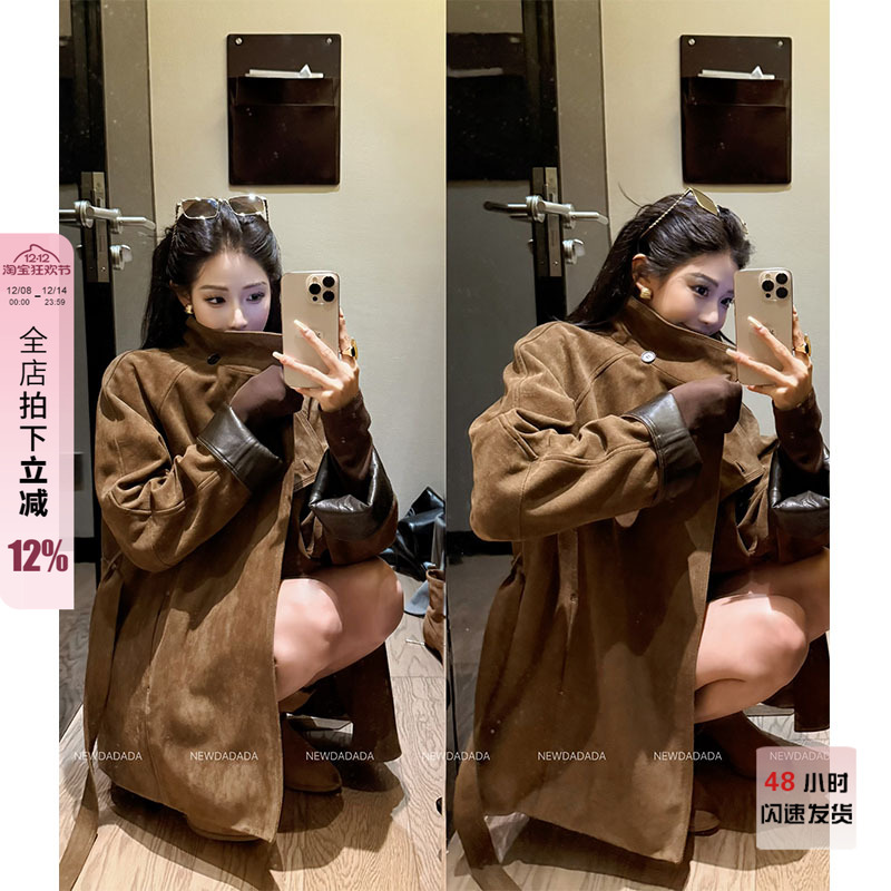 卡其绑带长袖中长款羊绒外套女