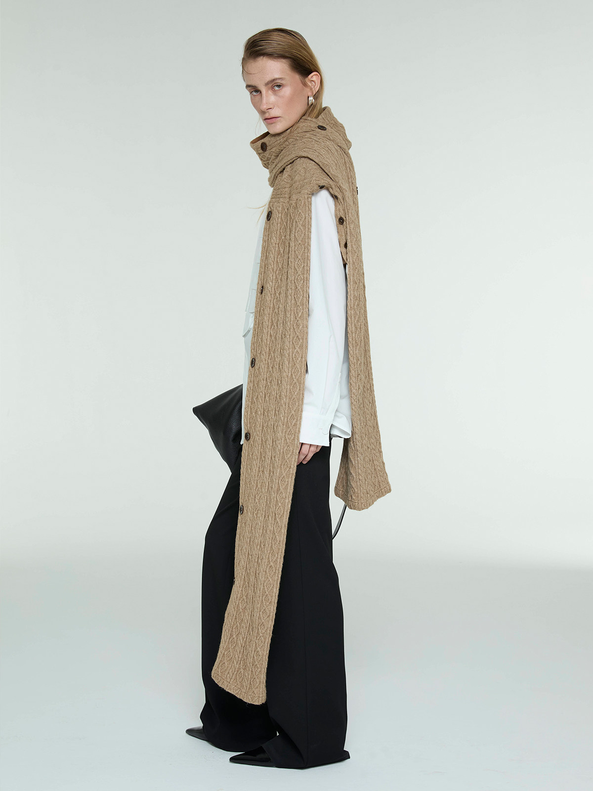 Knitted Button Shawl Scarf: Dual-Use Khaki Designer Wrap - Product image 3