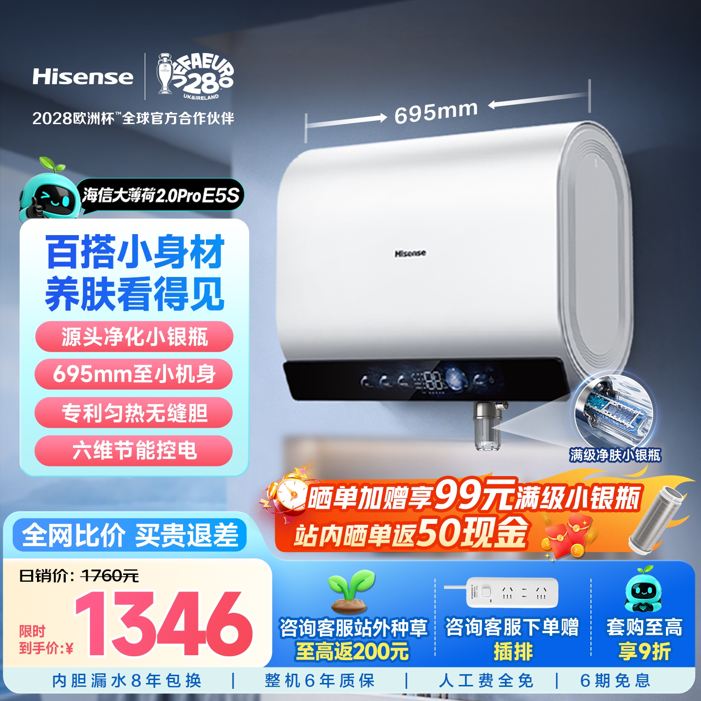 海信电热水器家用大薄荷2.0E5S扁桶双胆速热超薄60升国补一级能效