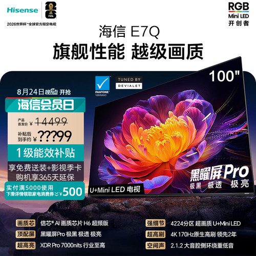 海信电视E7Q 100英寸 信芯芯片H6超频 黑曜屏Pro 7000nits电视e7n