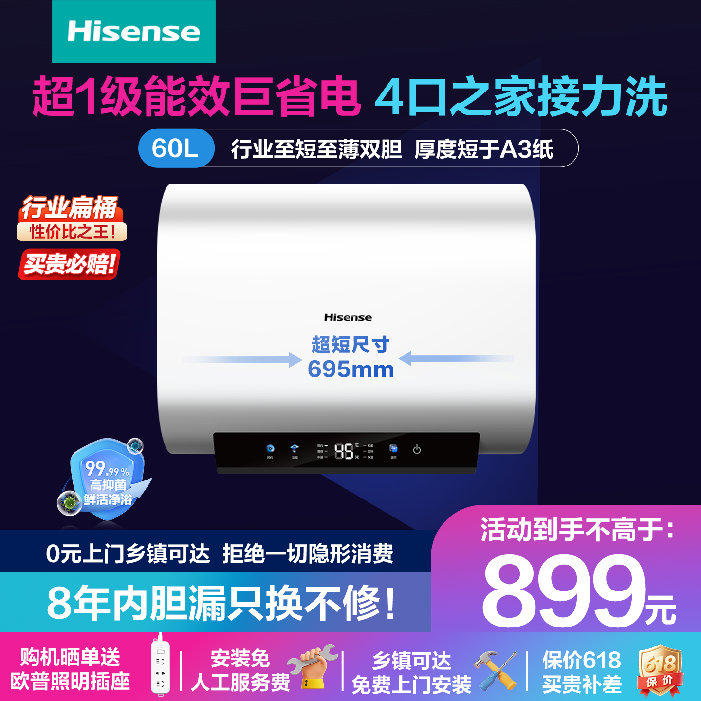 海信扁桶电热水器家用租房超薄小型60升双胆速热国补一级能效TM0