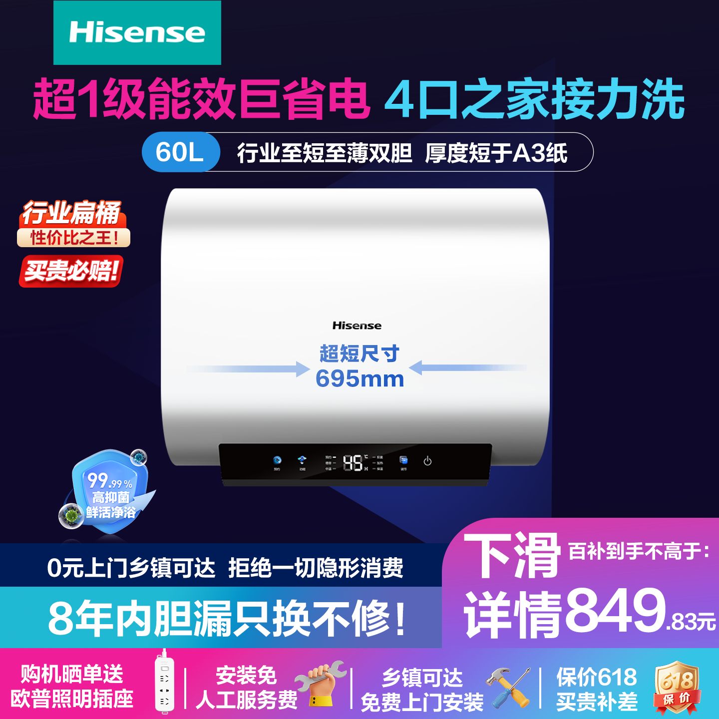 海信扁桶电热水器家用租房超薄小型60升双胆速热国补一级能效TM01