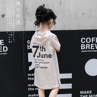 女童短袖T恤夏季中长款t恤中大童韩版宽松休闲女孩百搭连帽裙上衣
