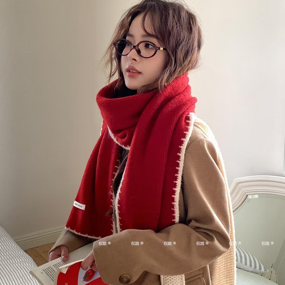 日系氛围感简约纯色锁边针织围巾女2025新款冬季保暖防风百搭围脖