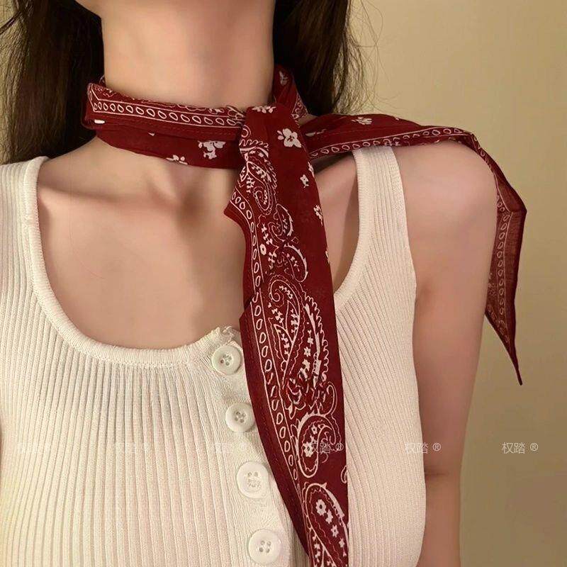 红色腰果花长条丝巾2025新款系脖高级感颈饰夏季薄款发带丝带脖饰