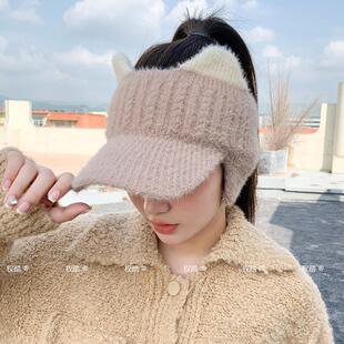毛绒帽子女款冬季2025新款运动跑步空顶冬天棒球鸭舌帽护耳毛线帽
