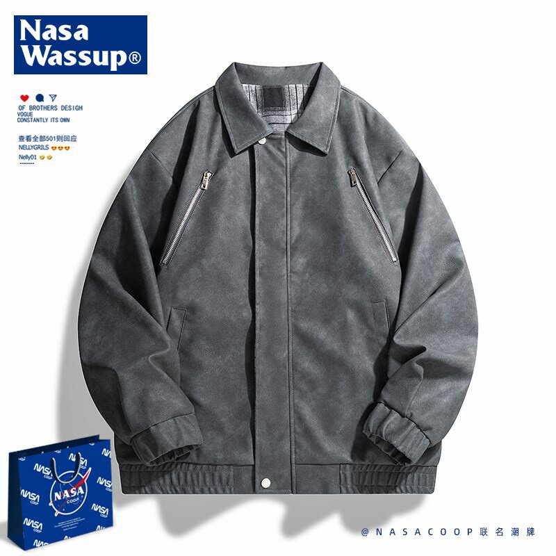 NASACOOP双面穿复古PU皮衣休闲外套男春秋潮牌宽松翻领百搭皮夹克