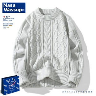 NASACOOP潮牌秋冬新款毛衣男日系白色麻花线衣宽松套头情侣针织衫