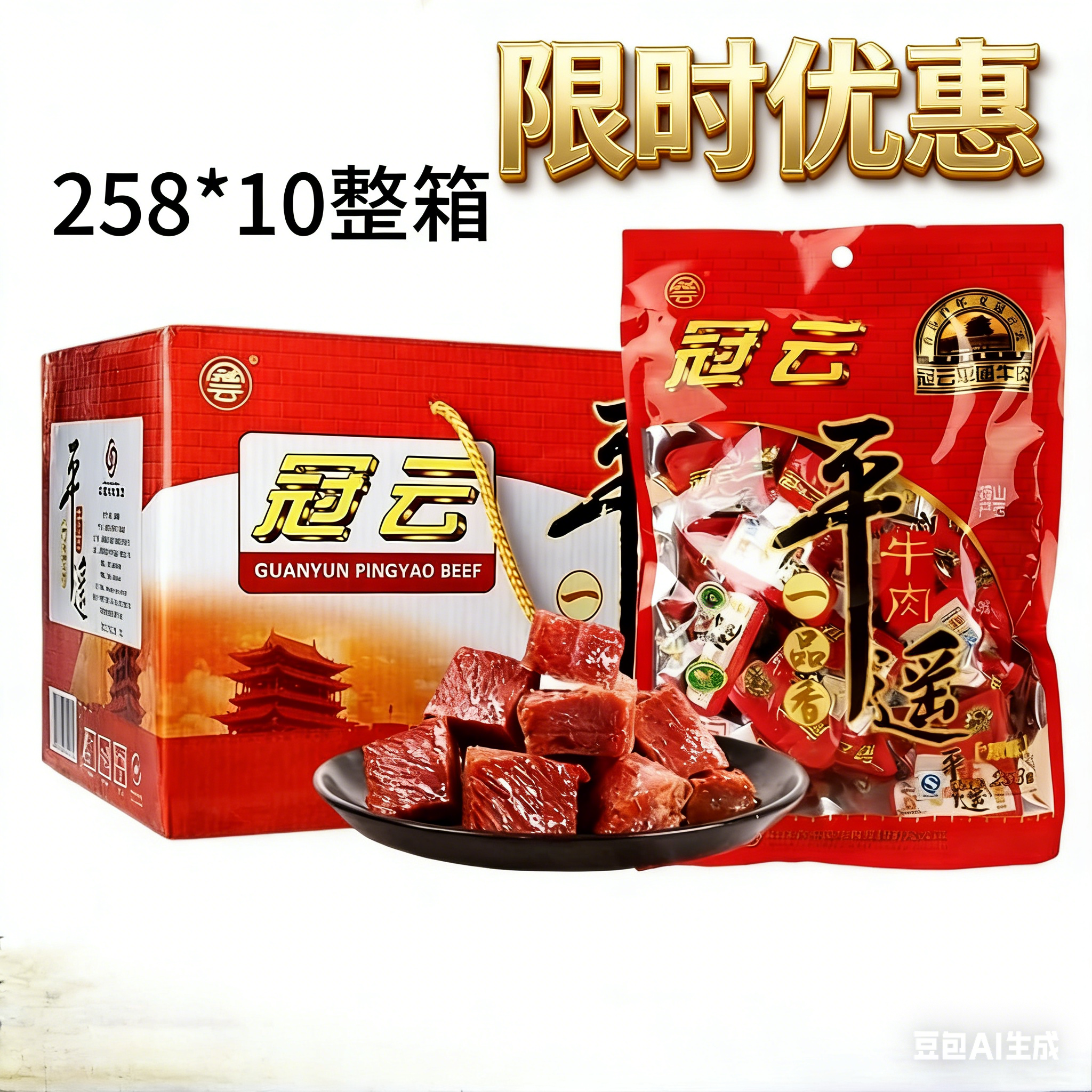 冠云平遥牛肉258g*10袋整箱熟食山西特产手撕酱卤零食小包装粒脯