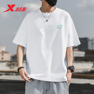 特步纯棉短袖T恤男2025新款冬季透气圆领半袖宽松男士运动服上衣