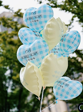 ins风18寸蓝色格子爱心气球 充氦气可飘空气球 蝴蝶结气球 生日