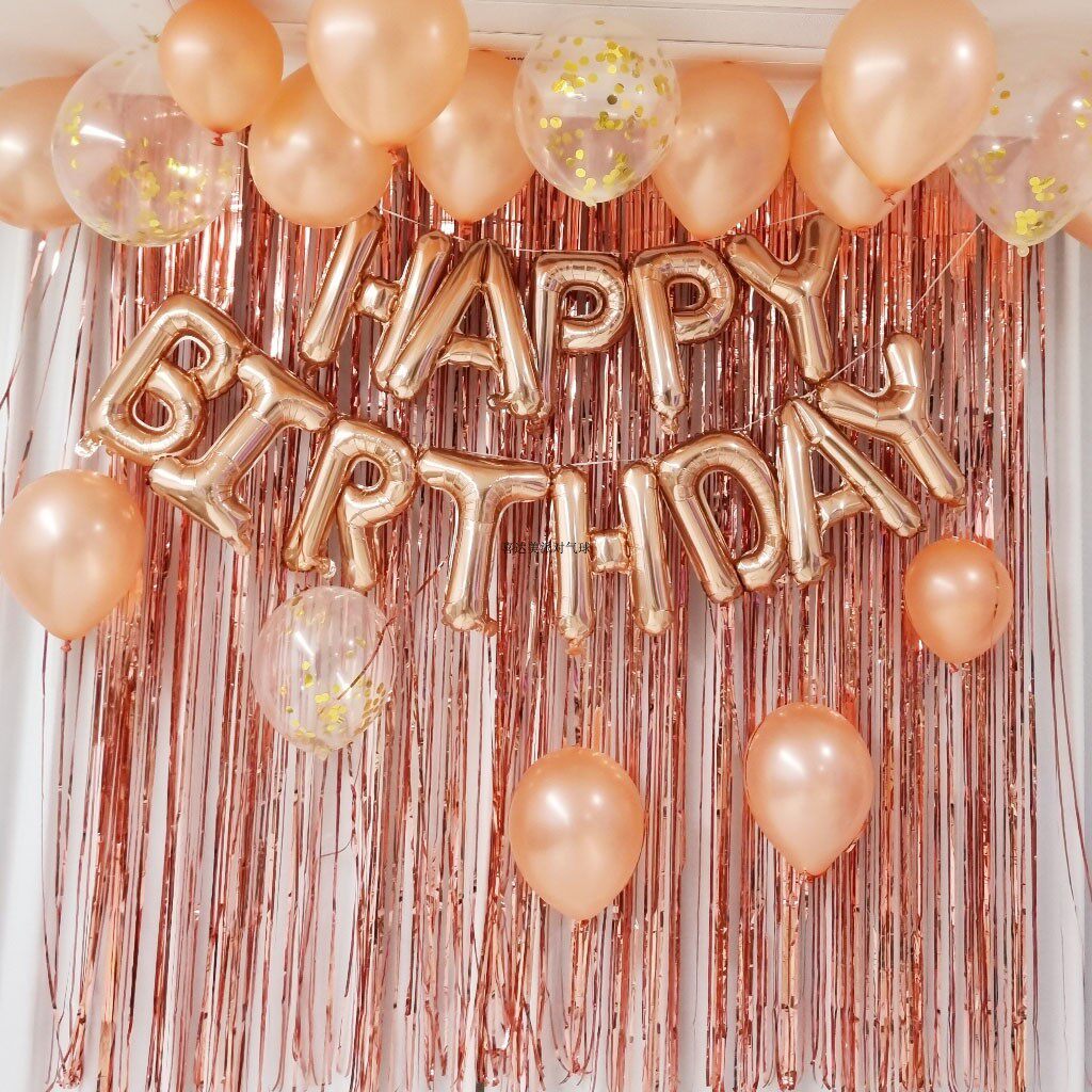 热销生日字母玫瑰金气球套装雨丝帘背景墙装饰英文铝箔球布置道具