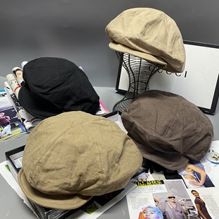 英伦复古立体裁剪亚麻面料褶皱设计斜面短檐报童帽 贝雷帽 画家帽