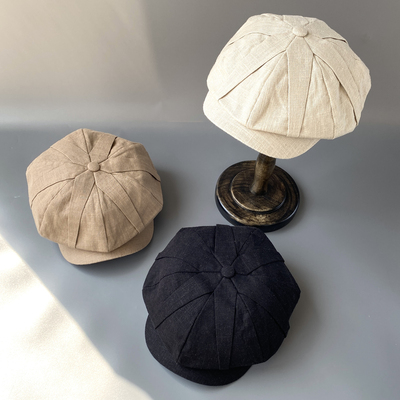 日系复古亚麻面料拼接八角帽画家帽报童帽