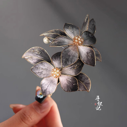 原创掐丝蚕丝手工绒花缠花檀木发簪子汉服日常盘发新中式发簪头饰