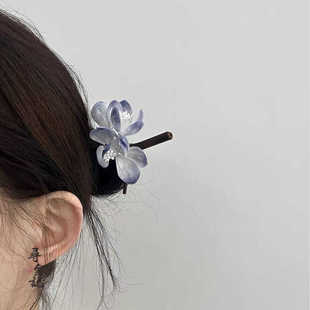 原创清冷感绒花发簪日常挽发竹簪灰蓝色高级感发簪百搭 暮霭