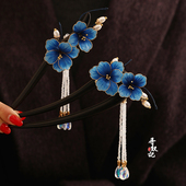 原创新中式 发饰手工绒花U型檀木发簪国风头饰流苏绒花发钗头饰女