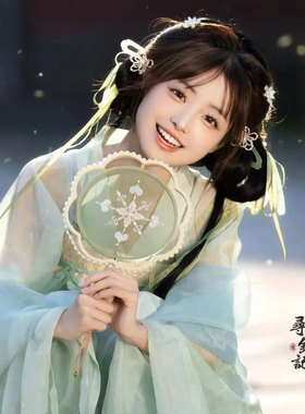 双层花朵圆形复古风半透绿色团扇