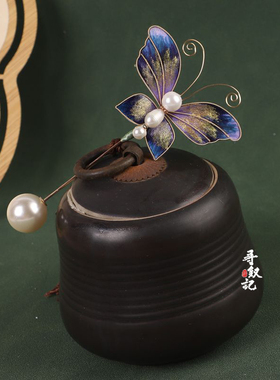 原创古典风高级感蚕丝掐丝绒花胸针紫色蝴蝶胸花新中式复古别针女