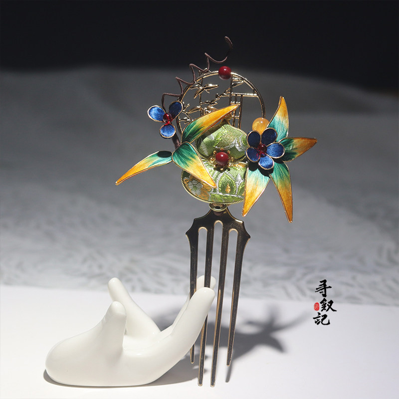古风插梳四齿发梳盘发掐丝绒宋锦夹花发簪头发古代清汉发钗发饰
