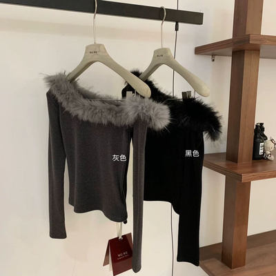 【WGWE】韩系毛领斜肩长袖T恤辣妹风修身显瘦打底衫露肩上衣