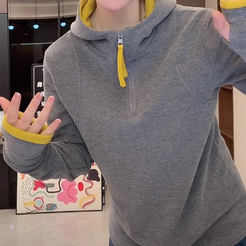 半拉链双面德绒长袖连帽针织卫衣女2025秋季新款保暖薄绒打底上衣